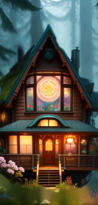 Enchanting cottage in a mystical, moonlit forest setting with vibrant flowers.