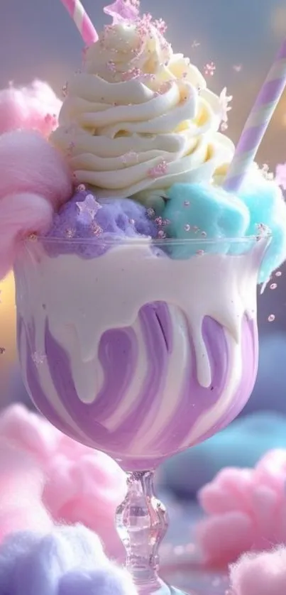 Whimsical cotton candy milkshake with pastel hues and stars.