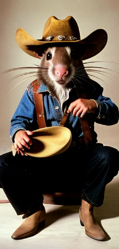 Whimsical cowboy mouse holding a hat, in denim.