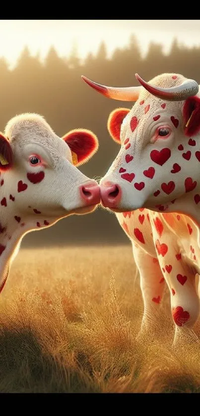 Two cows with red heart patterns in a peaceful meadow scene.