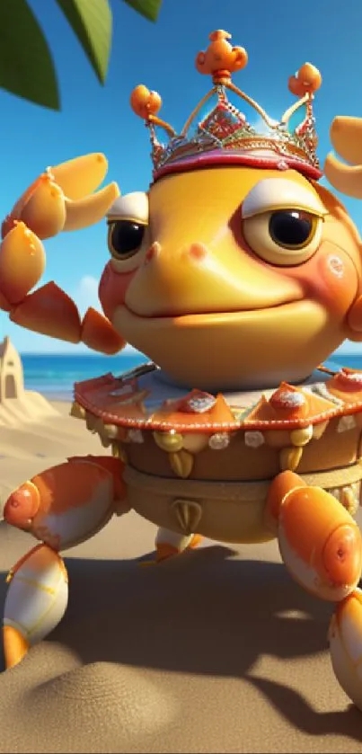 Cartoon crab wearing a crown on a sunny beach.