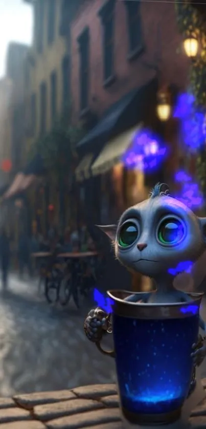 Whimsical creature with glowing bucket in magical urban scene.