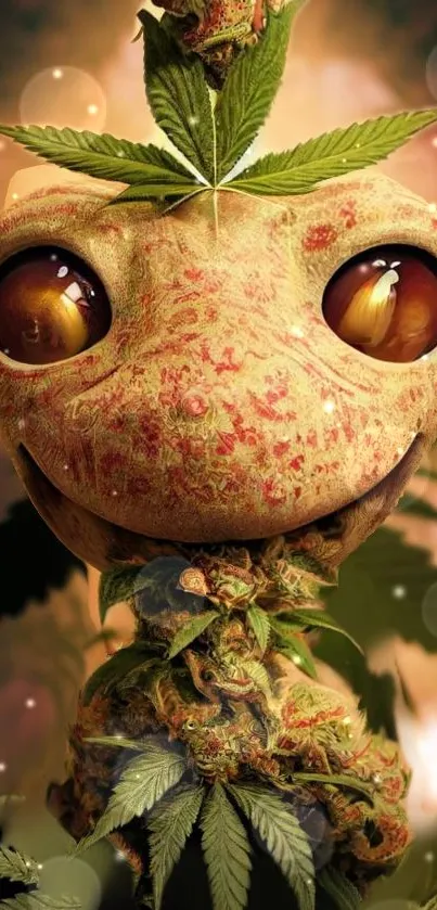 Mobile wallpaper of a whimsical creature with big eyes and leafy design.