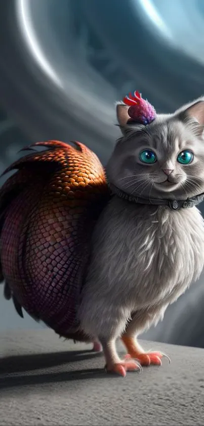 Fantasy creature with cat and hen features on abstract background.