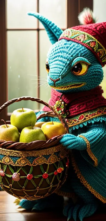 Blue knitted creature with basket of green apples in a whimsical setting.