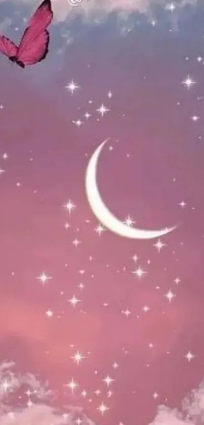 Dreamy pink sky with crescent moon and butterflies.