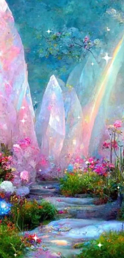 Magical garden with colorful crystals and flowers in a dreamlike setting.