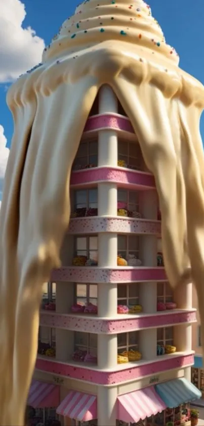 Building shaped like a giant cupcake with frosting.