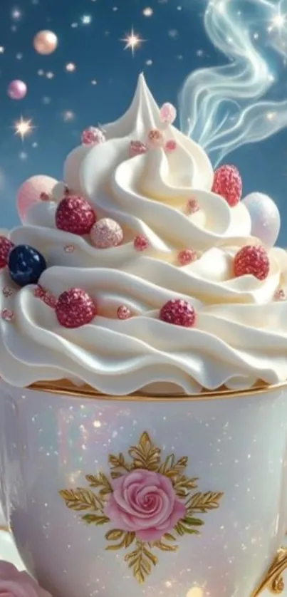 Whimsical cupcake in celestial sky with berries and steam.