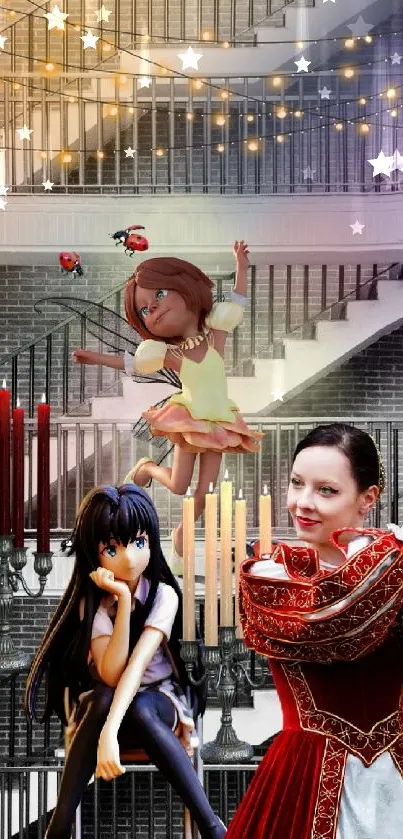 Vibrant wallpaper of characters dancing on a fantasty staircase with candles.