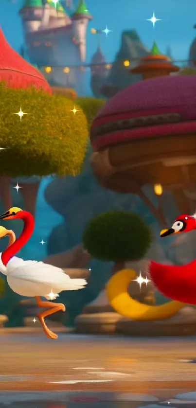 Animated swans dance in a whimsical, colorful fairytale landscape.