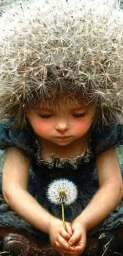 Whimsical child with dandelion hair sits serenely holding a flower.
