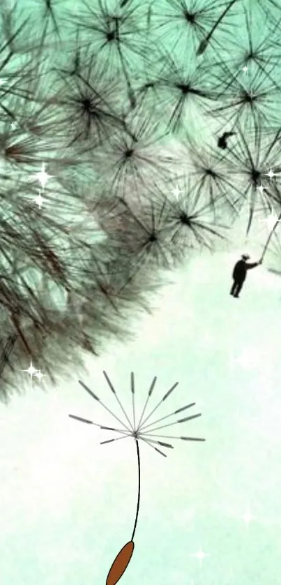 Whimsical dandelion mobile wallpaper with figures floating.