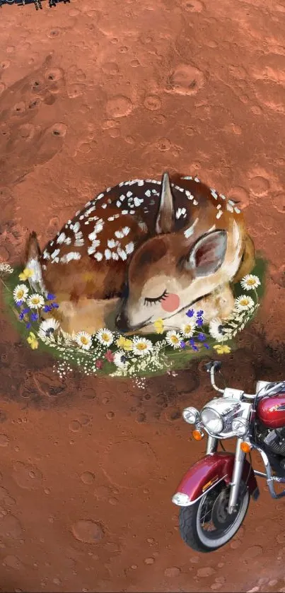 Fawn in floral wreath with motorcycle on Martian backdrop.