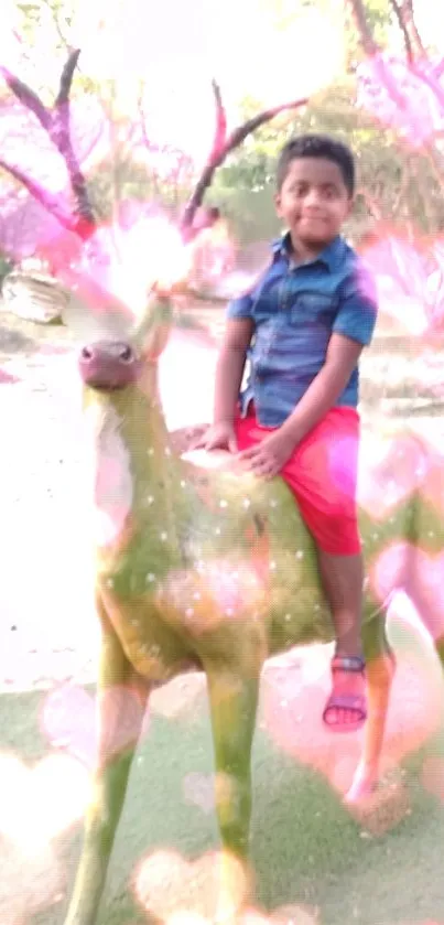 Child sitting on a decorative deer amidst pink heart bokeh effect.