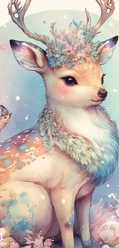 Whimsical deer with flowers in pastel colors, creating a dreamy fantasy art wallpaper.