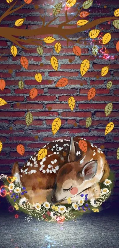 Whimsical deer surrounded by autumn leaves on a brick wall wallpaper.