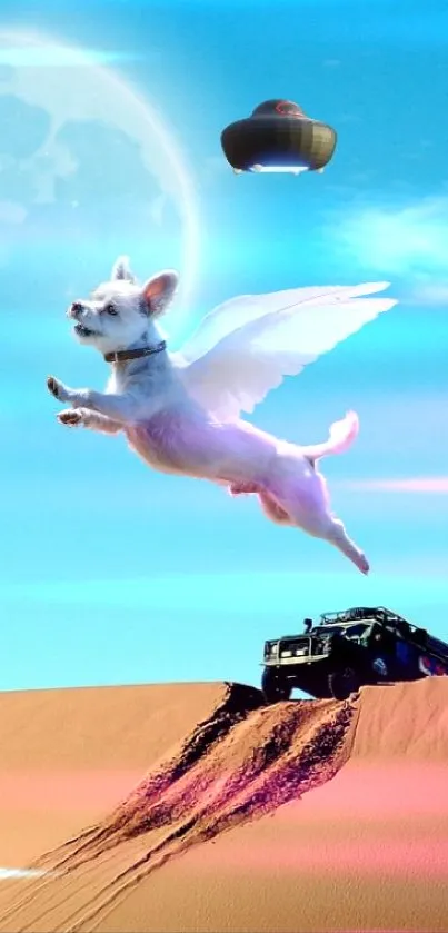 Flying dog over desert dunes under a moonlit sky.