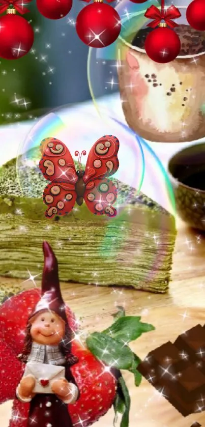 Whimsical dessert scene with chocolate and figurines on phone wallpaper.