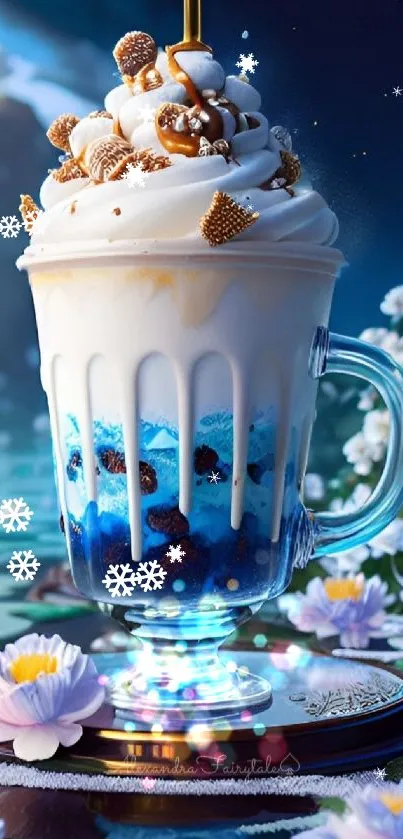 A whimsical dessert-themed mobile wallpaper featuring colorful whipped cream surrounded by nature.