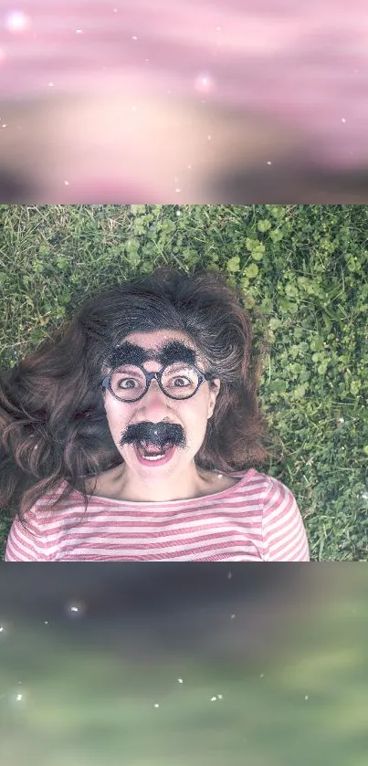 A woman in a disguise lays on lush green grass, with a playful expression.