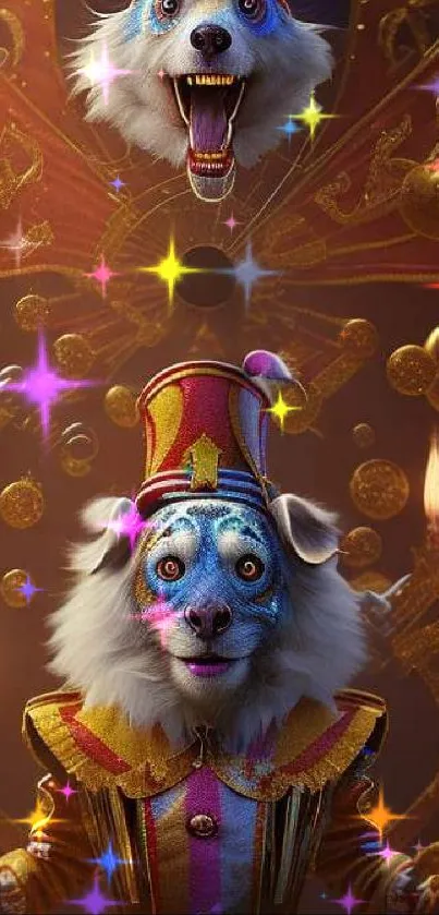 Whimsical circus dog wallpaper with vibrant colors and artistic flair.