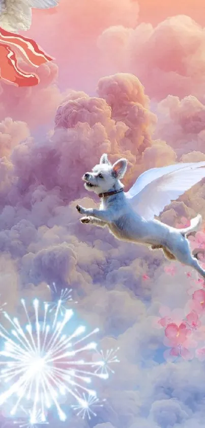 A whimsical dog with wings flying through dreamy clouds with fireworks.