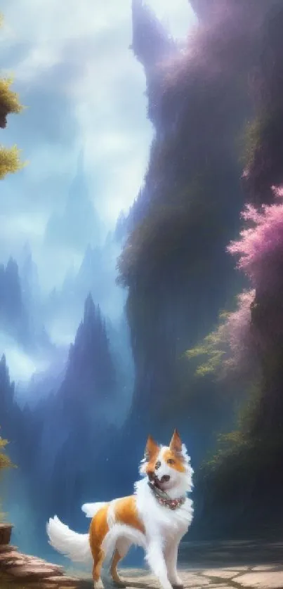 Charming dog in a fantasy landscape with misty mountains and vibrant trees.