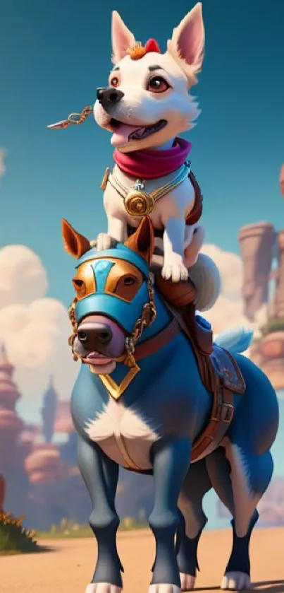 Adorable cartoon dog riding a toy horse in a vibrant desert setting.