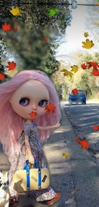 Whimsical doll with pink hair among autumn leaves on a scenic road.