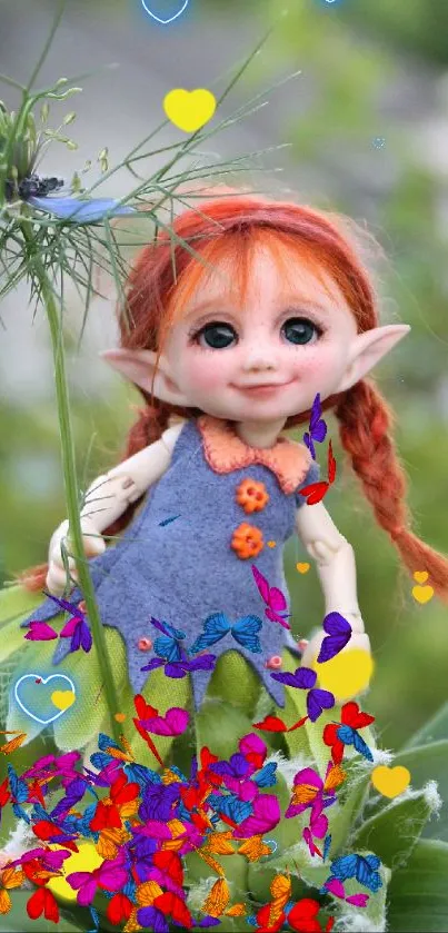 Vibrant elf doll standing among lush green leaves and delicate flowers.