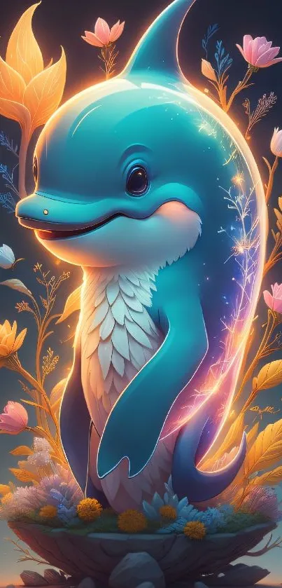 Fantasy dolphin with glowing flowers in a magical scene.