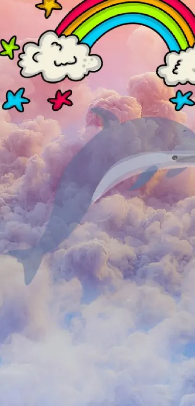 Whimsical wallpaper with dolphin, rainbow, and clouds in pink hues.