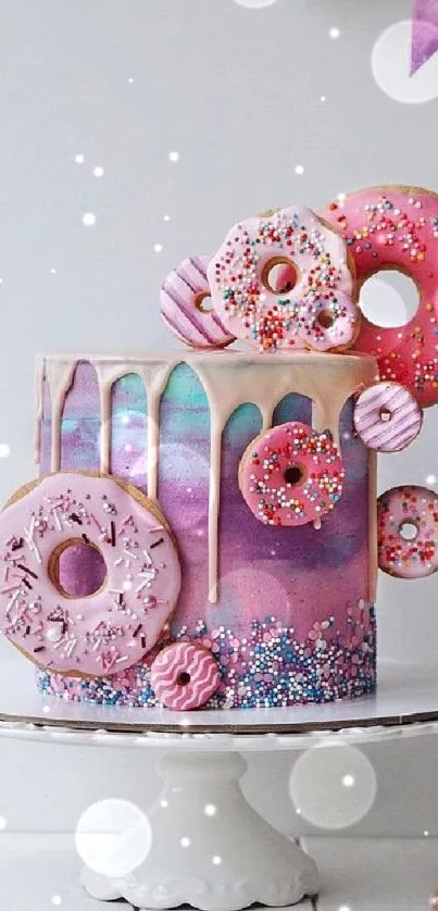 Whimsical donut-themed cake with vibrant pastel colors and playful decorations.