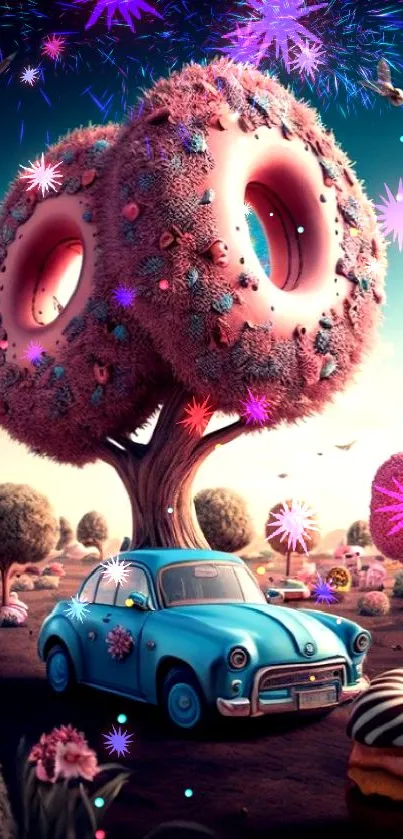 Whimsical landscape of donut trees and a vintage car under a pink sky.