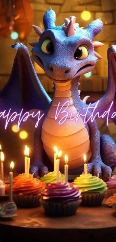 Purple dragon with cupcakes and birthday candles.