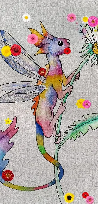 Whimsical dragon fairy with colorful dandelion on light gray background.