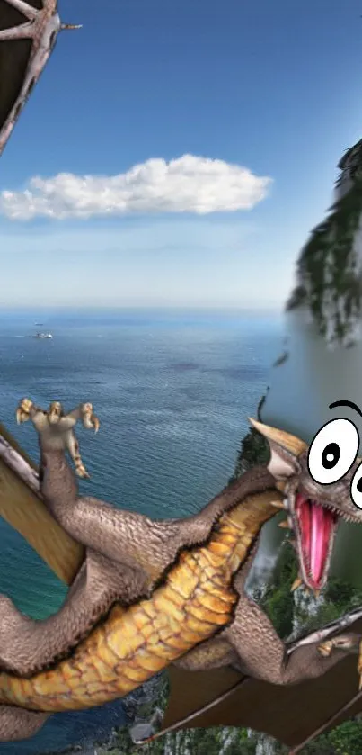 Whimsical dragon flying over ocean and cliffs.