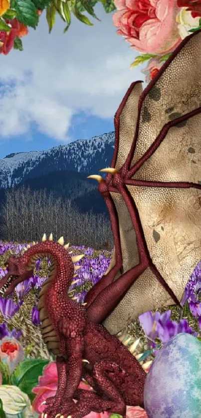 A dragon amidst colorful flowers with a mountainous backdrop on mobile wallpaper.