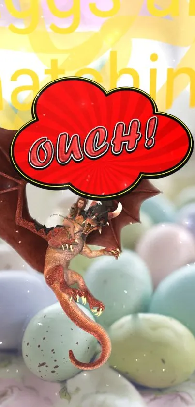 Playful dragon with comic text on colorful egg background.