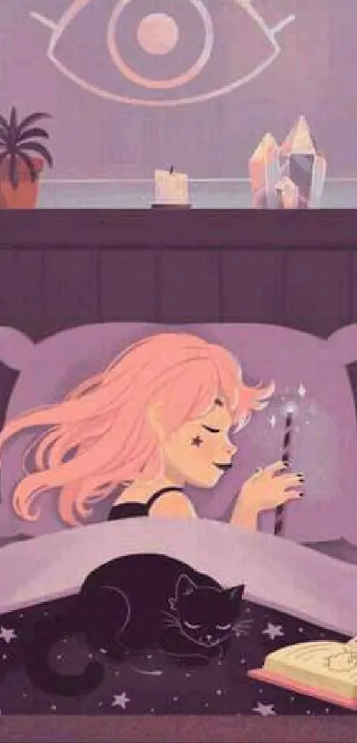 Illustration of a girl with pink hair and a black cat in a whimsical bedroom.