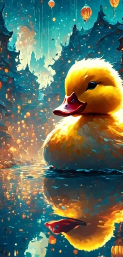 Vibrant yellow duck with glowing lanterns in a serene evening water setting.