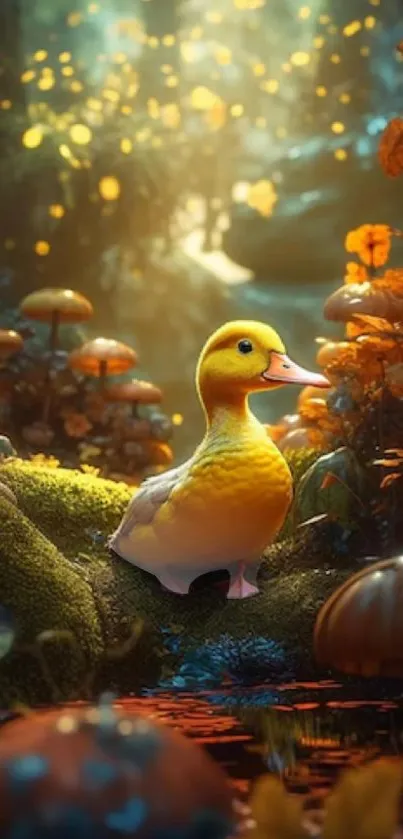 A cute duck stands in a magical, glowing forest.