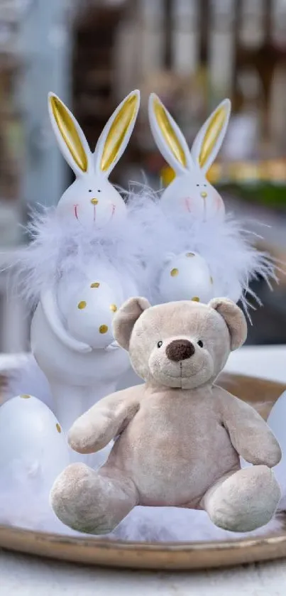 Cute Easter display with bunnies and teddy bear on a golden tray.