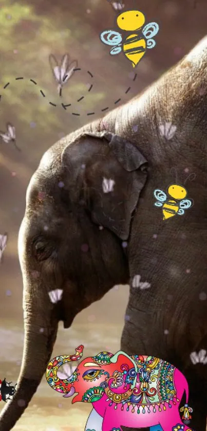 Whimsical elephant with bees and colorful patterns, artistic mobile wallpaper.