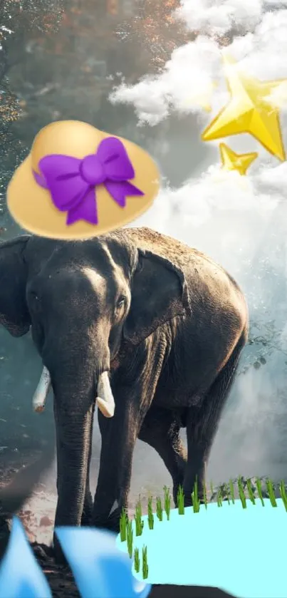 Whimsical elephant with hats in a sunny forest.