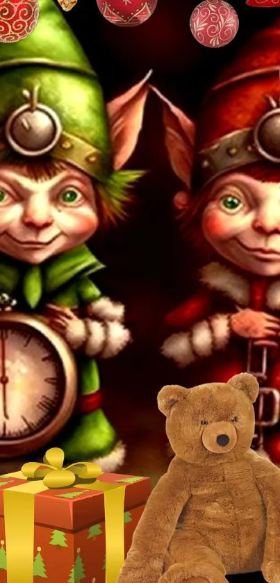 Festive wallpaper with elves, bear, and holiday decorations.