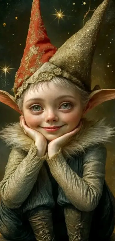 Whimsical elf character in starry background.