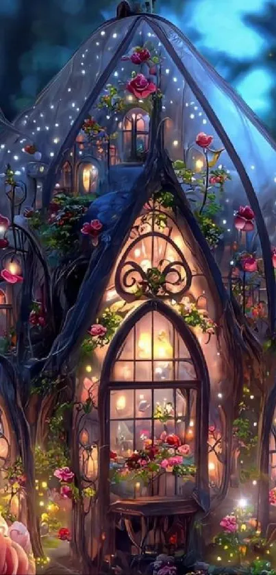 Whimsical enchanted house with glowing windows and vibrant floral decor in a fantasy setting.