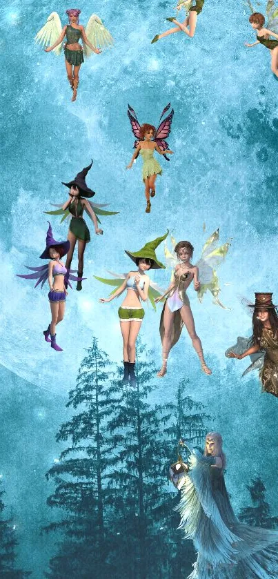 Whimsical fairies dance under a full moon, set against a mystical teal forest background.